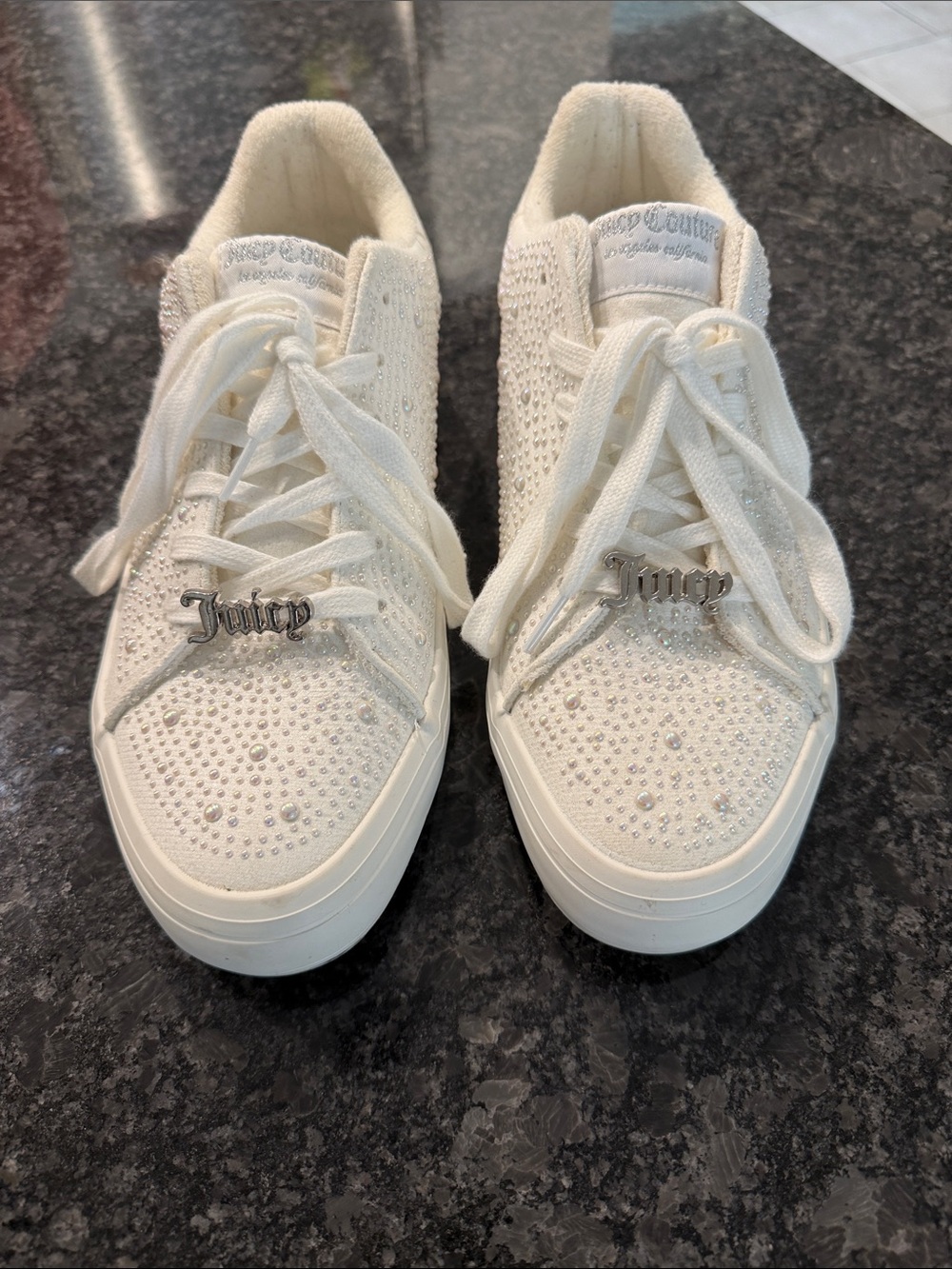 Juicy Couture White Crystal-Embellished Knit Sneakers